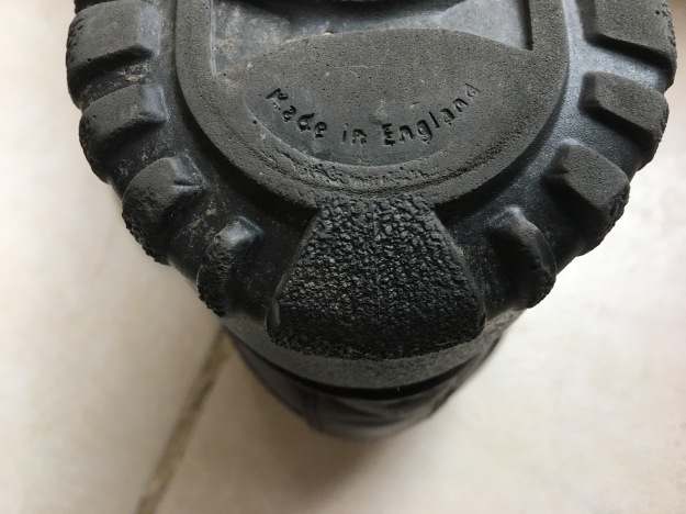 The words "Made in England" on the sole of a Hotter VICTOR MEN'S GORE-TEX BOOT. Photograph by author.
