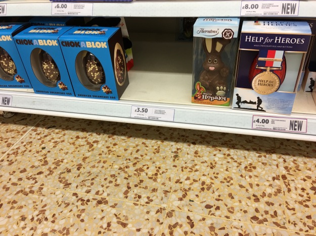 CHOKABLOCK Easter Egg by made in the UK County Confectionery (left), Thorntons Easter Bunny made in the UK (centre) and a made in the UK Help for Heroes Easter Egg in Tesco Flitwick 13/3/16