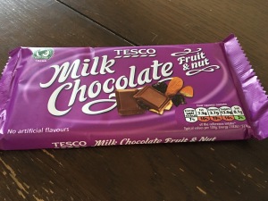 Tesco Fruit and Nut Milk Chocolate large bar. Produced in the UK. Photograph by author.
