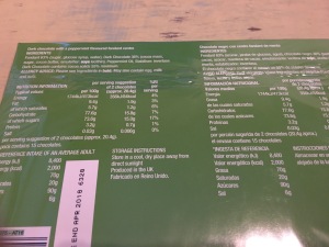 Ashley's Family Treats Dark Chocolate Mint Cremes 150g. Produced in the UK. Rear of packaging label detail. Photograph by author.