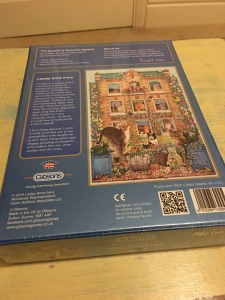 Gibsons Peeping Tom cat themed jigsaw puzzles, 500 pieces. Made in the UK and are labelled as such. Photograph by author. Rear of box view.